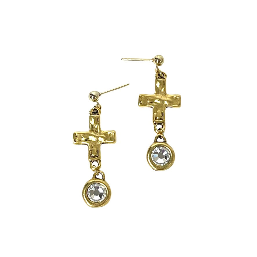 Gold Rhinestone Cross Earrings